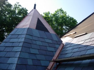 Spire showing copper flashing detail
