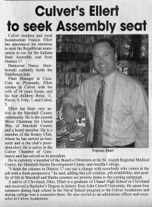 Culver Citizen article announcing Francis Ellert's candidacy 12-10-09