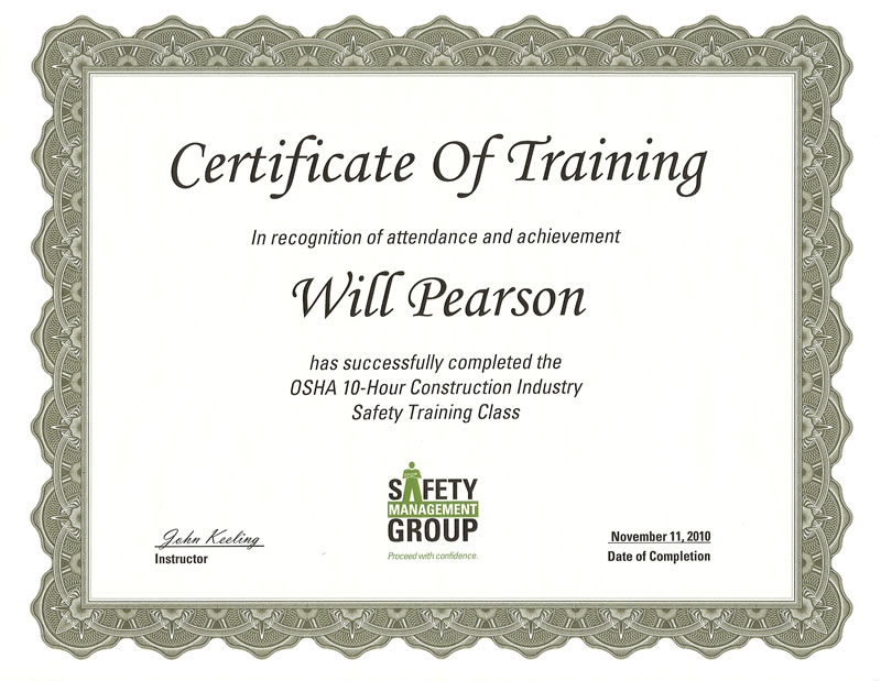 OSHA 10-Hour Construction Industry Safety Training Certificate
